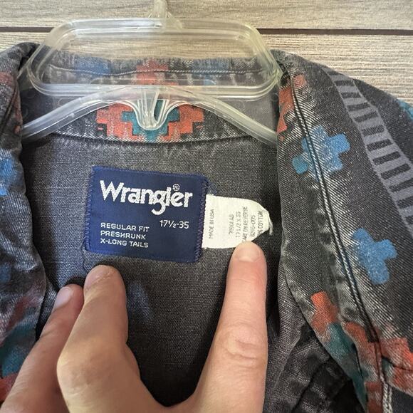 VTG Wrangler Brushpopper Shirt Mens 17.5 X 35 Black Aztec X Long Tail Cowboy XL - Picture 8 of 13